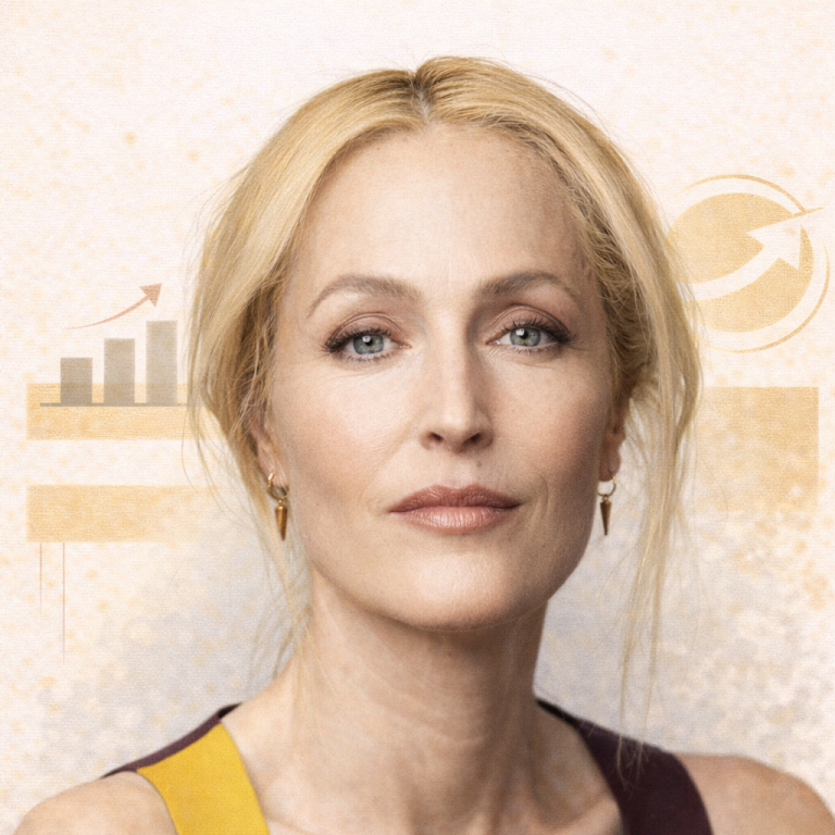 Professional woman in a suit, with a confident expression and a growth chart backdrop. ai generated Gillian Anderson