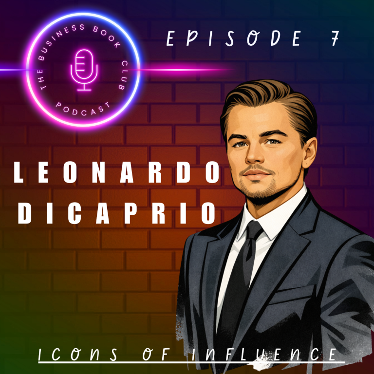 Illustration of a man in a suit against a colourful background with text "Leonardo DiCaprio".