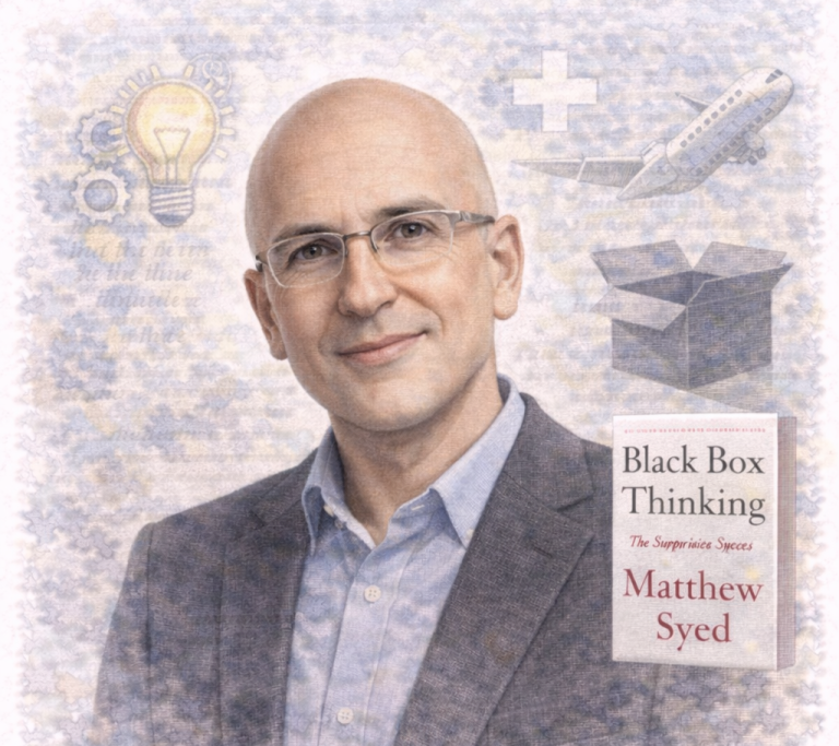 Portrait of Matthew Syed with elements representing ideas and innovation in the background.