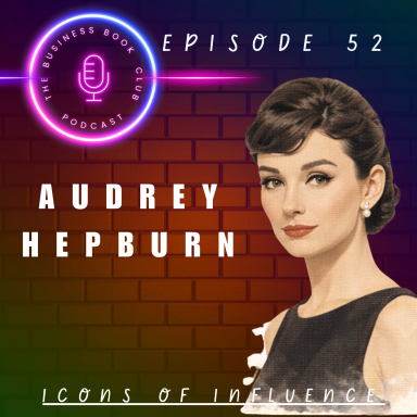A promotional graphic featuring Audrey Hepburn for a podcast episode.