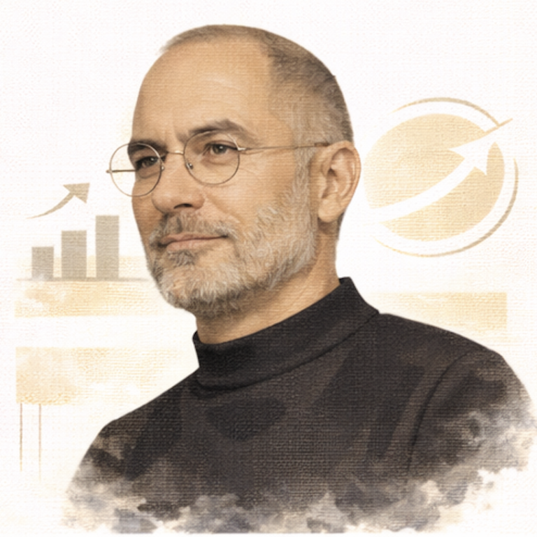 A man with glasses and a beard, wearing a turtleneck, against a light background with graphs.