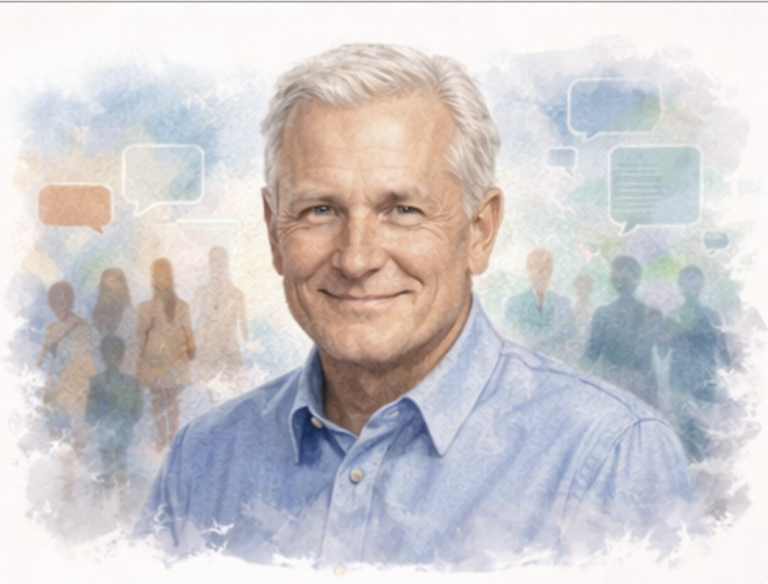 Middle aged man with tan and white hair, interpretation of Patrick Lencioni