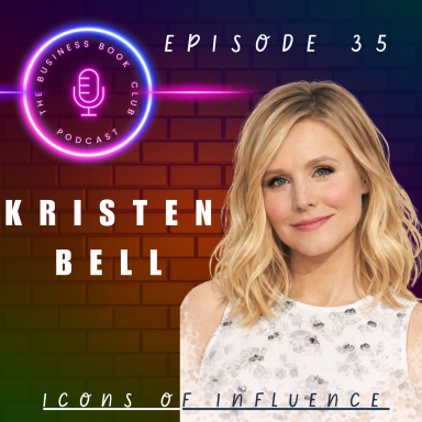 Kristen Bell featured in a podcast promotional graphic with a microphone illustration.
