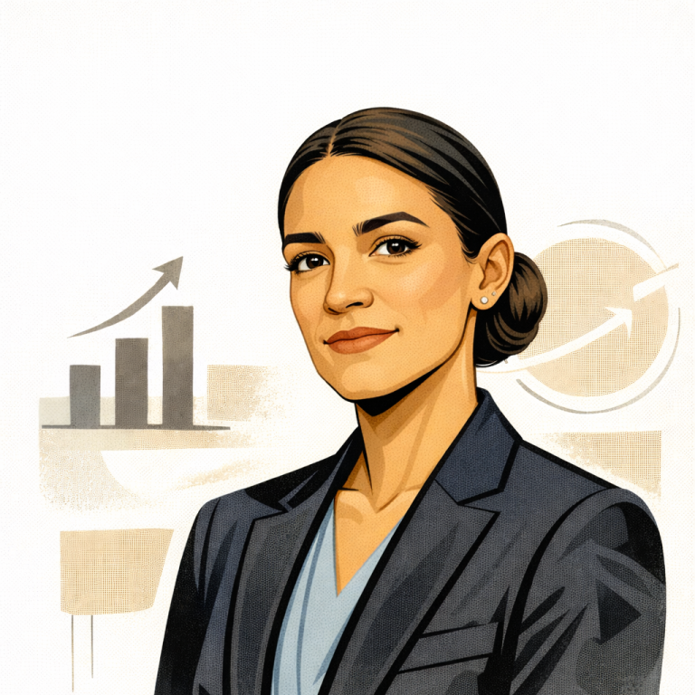 Professional woman in a suit, with graphs and arrows indicating growth in the background. AI Generated Alexandria Ocasio-Cortez