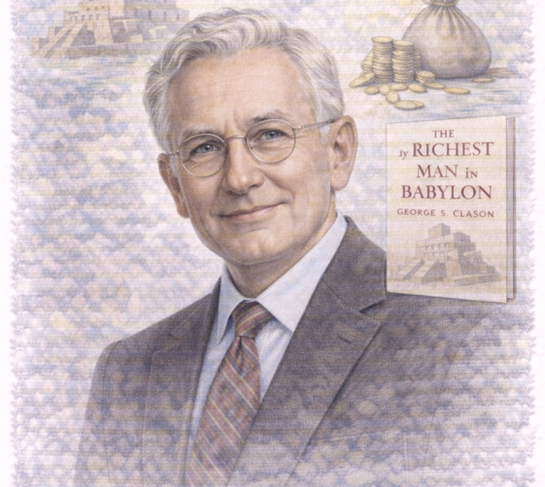 A smiling older man in a suit with a book titled "The Richest Man in Babylon" behind him.