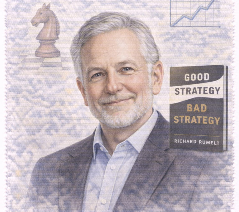 Portrait of a man in a blazer, smiling, beside a book titled "Good Strategy Bad Strategy."