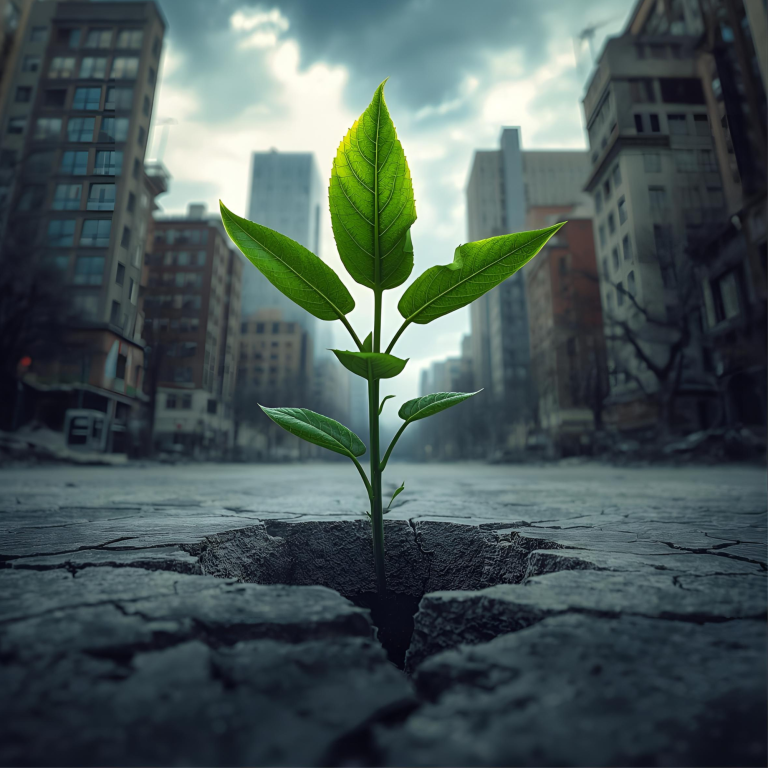 A green plant growing through a crack in a concrete urban setting.