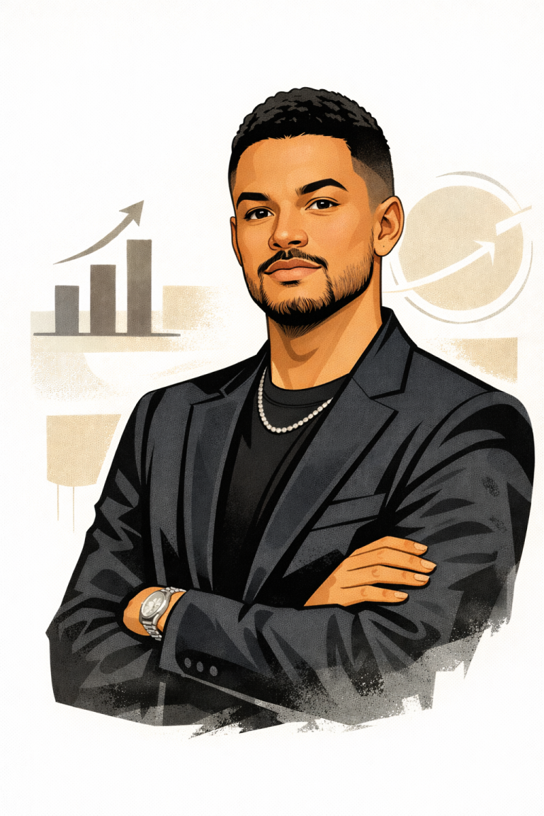 A confident man in a suit with crossed arms, against a background of growth graphs.