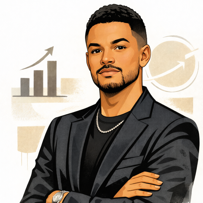 A confident man in a suit with arms crossed, overlaid with growth charts and data. AI Gen of steven Bartlett