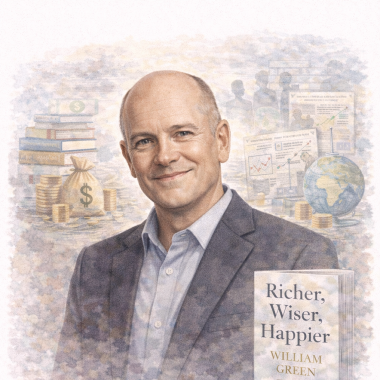 A smiling man in a suit with books, a globe, and a money bag in the background.