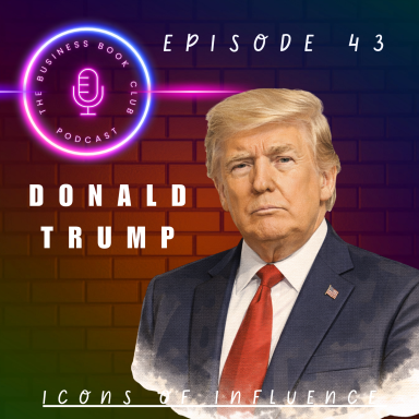 Portrait of Donald Trump with a microphone icon and podcast title on a neon background.