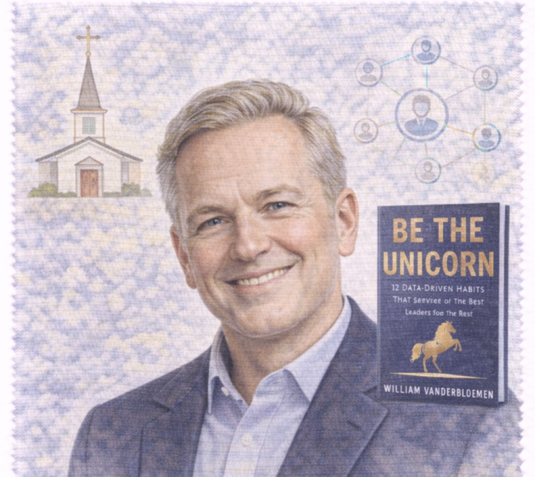 Smiling man in a blazer with a book titled "Be The Unicorn" and a church illustration.