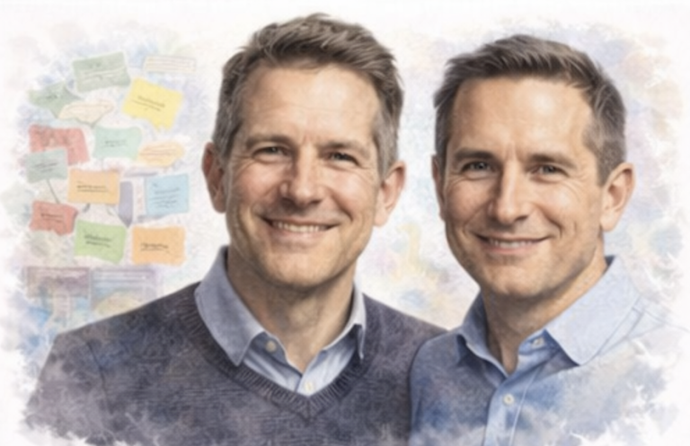 Two smiling men standing close together, with colourful notes in the background.