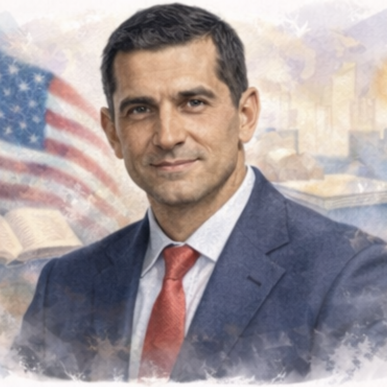 A man in a suit with a red tie, posing confidently against a soft background.