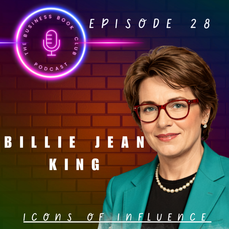 Portrait of Billie Jean King, wearing glasses and a teal blazer, against a colourful background.