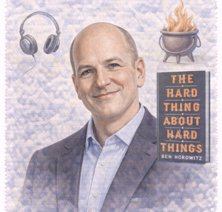 A man in a suit smiles beside a book titled "The Hard Thing About Hard Things."