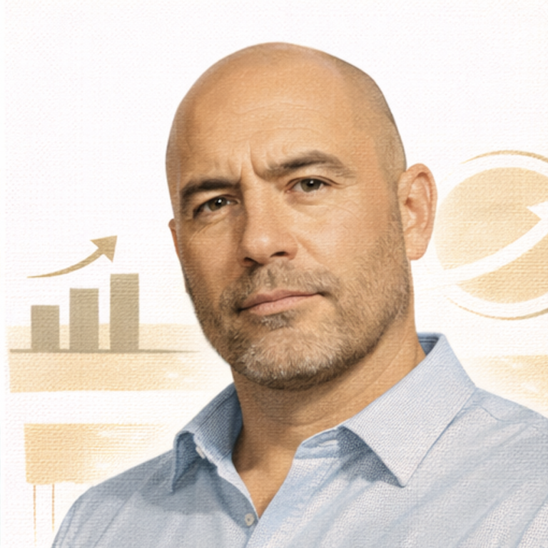 A man with a shaved head and serious expression in a light blue shirt. AI generated