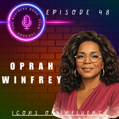 Portrait of Oprah Winfrey, with a microphone graphic and podcast episode details.