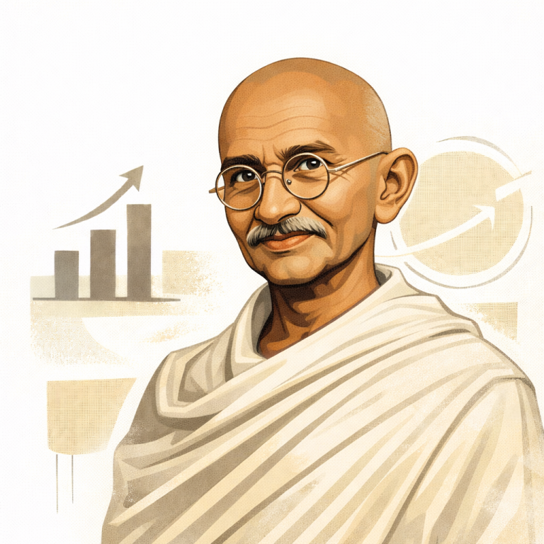 Portrait of Mahatma Gandhi, smiling, wearing traditional attire and glasses. AI generated