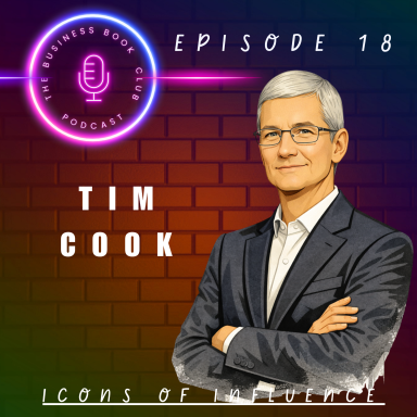 Illustration of Tim Cook with a microphone logo and episode title on a vibrant background.