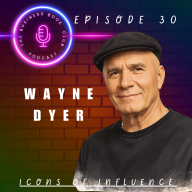 Wayne Dyer smiling, wearing a black shirt and cap, with a microphone graphic in the background.