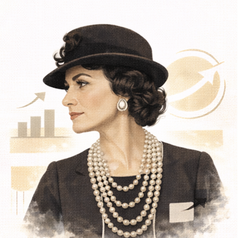 A woman in a vintage outfit and hat, smiling confidently . Coco Chanel - AI generated