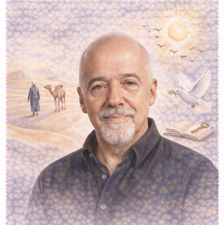 Portrait of Paulo Coelho with a serene background featuring camels and a dove.