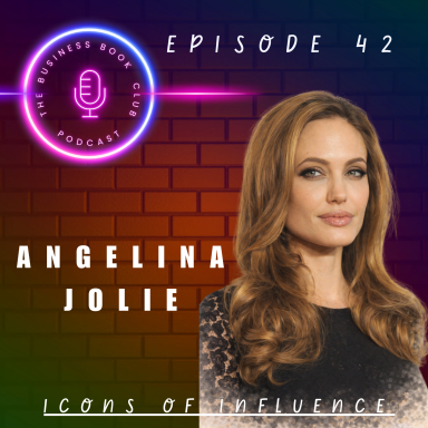 Angelina Jolie with wavy hair, on a colourful podcast promotional background.