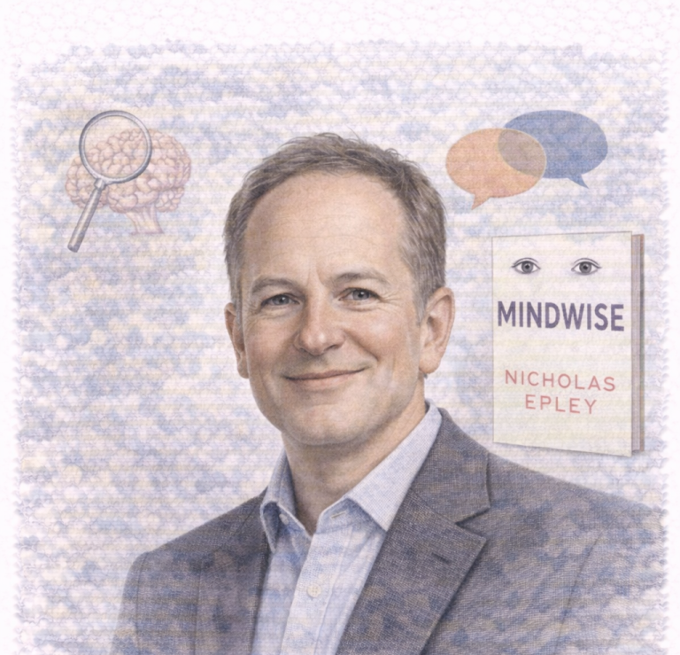 Portrait of Nicholas Epley with a book titled "Mindwise" and thought bubbles.