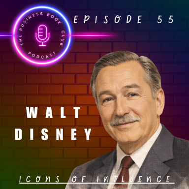 Portrait of Walt Disney, with a microphone icon and a vibrant background.