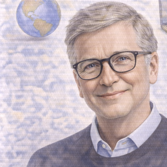Portrait of a smiling man with glasses, wearing a sweater, against a light background.