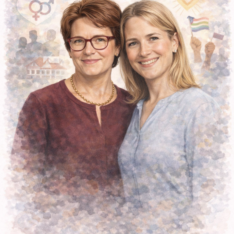 Two women smiling together, with a background featuring symbols of diversity and inclusion.