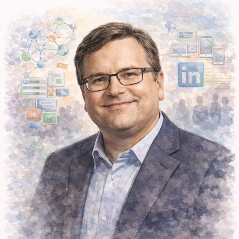 Portrait of a man with glasses, smiling, in front of a blurred background with graphs and icons.