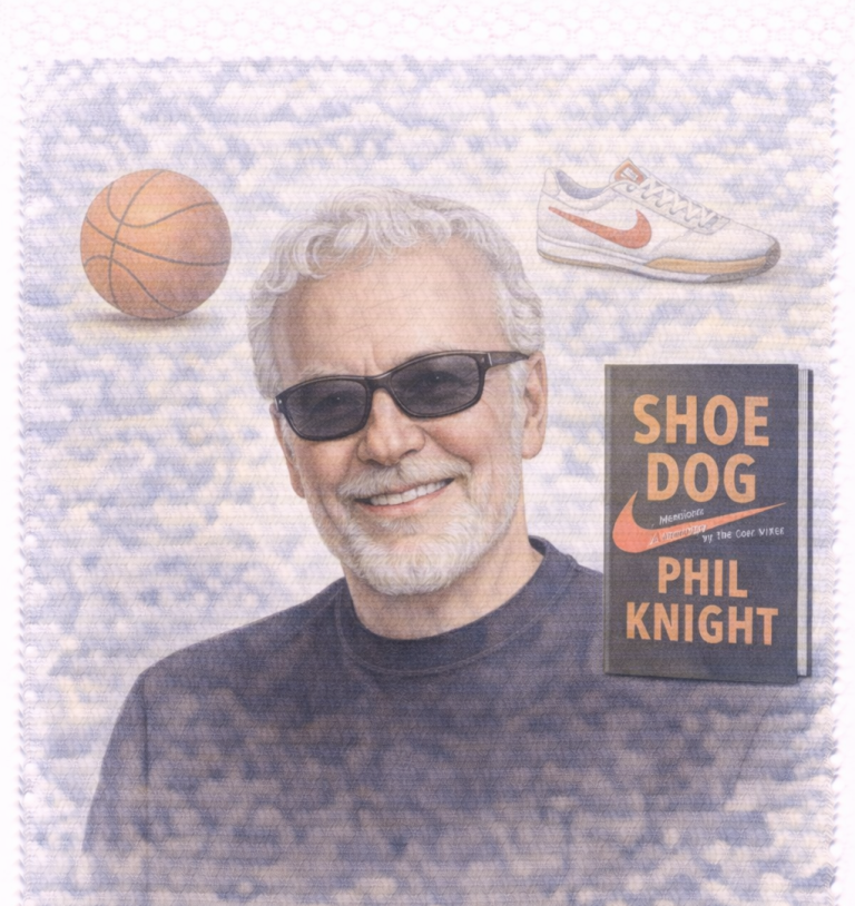 Phil Knight, wearing sunglasses, smiles with a basketball, a shoe, and his book "Shoe Dog."