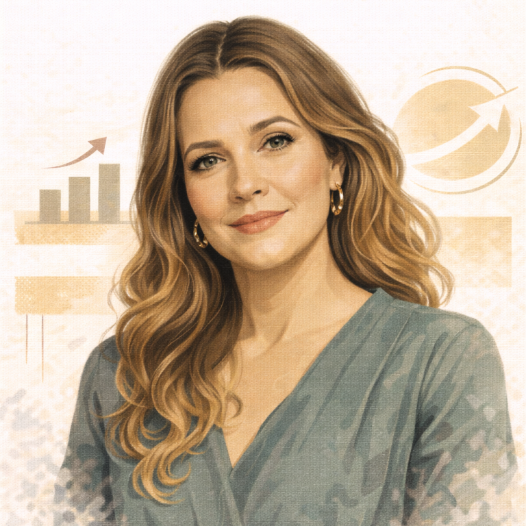 A woman with wavy hair smiles, dressed in a teal blouse, with charts in the background. Drew Barrymore by AI.