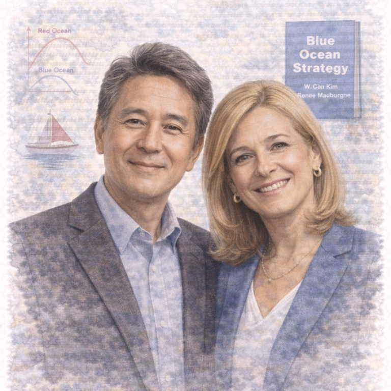A man and a woman smiling together, with a book titled "Blue Ocean Strategy" in the background.