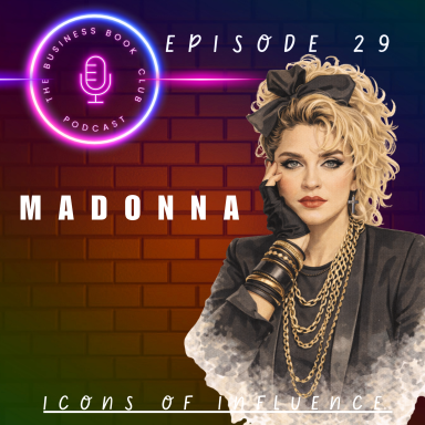 A female figure styled like Madonna, surrounded by colourful background and podcast details.