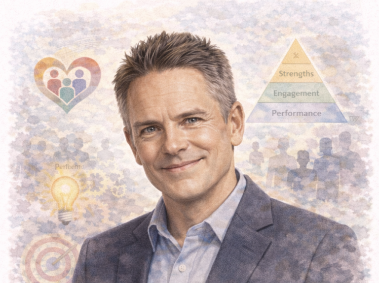 Smiling man in a suit with a soft background featuring symbols of growth and connection.