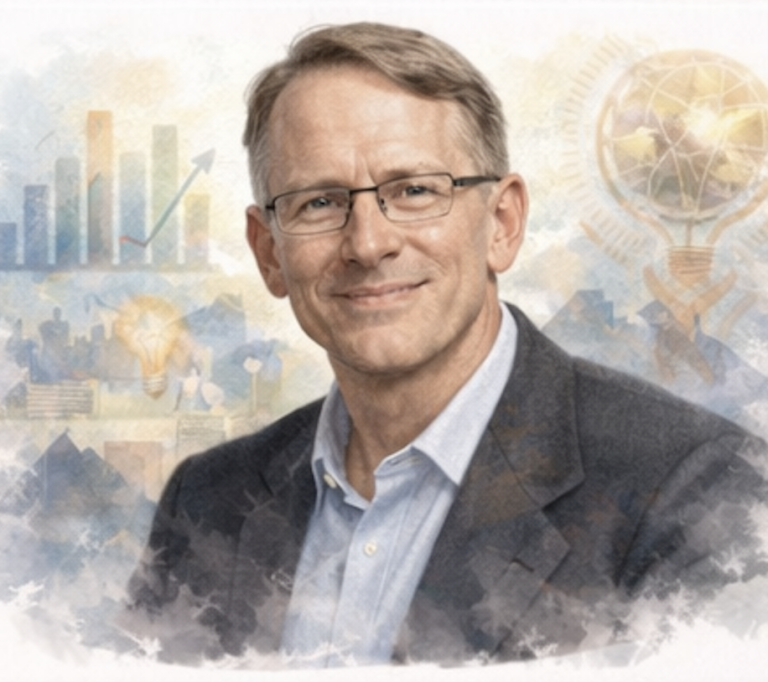 A smiling man in glasses, with a blurred background of graphs and a globe.