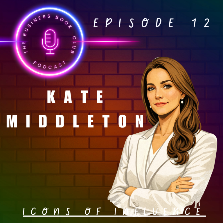 A digital illustration of a woman in a white blazer, with text "Kate Middleton, Episode 12".