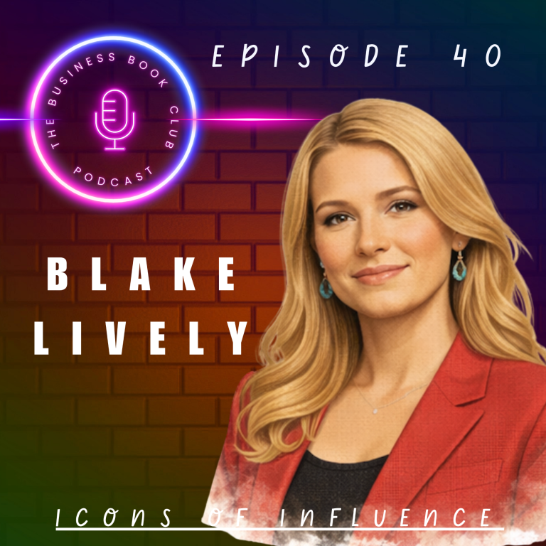 Blake Lively, smiling, in a red blazer for a podcast episode titled "Leans Influence."