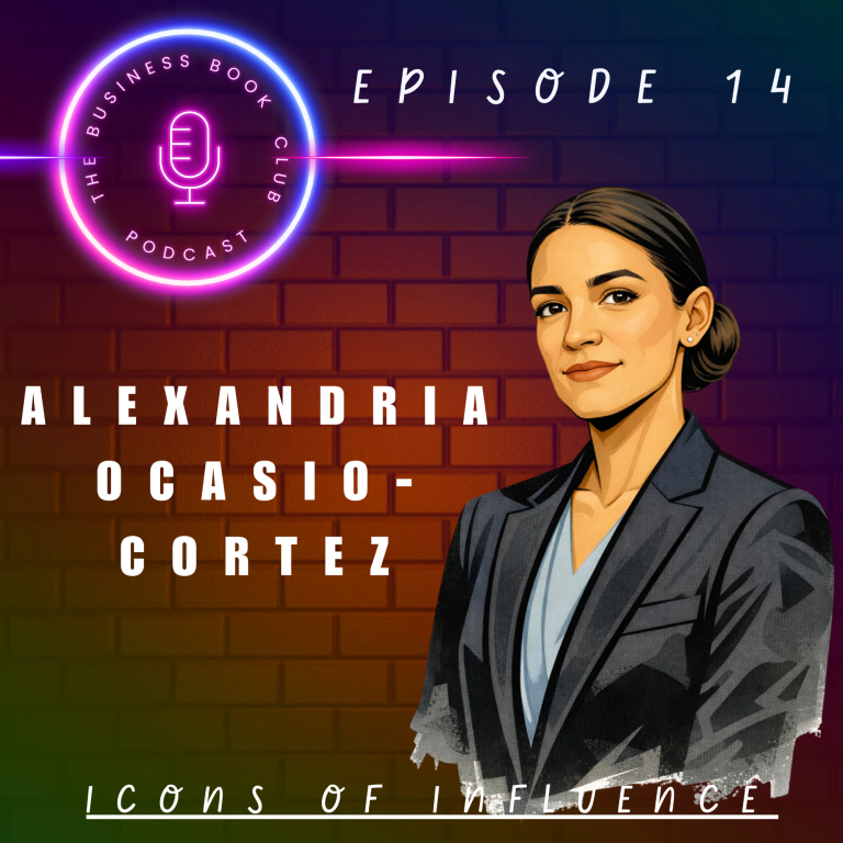 Portrait of Alexandria Ocasio-Cortez with a vibrant background, labelled as Episode 14.