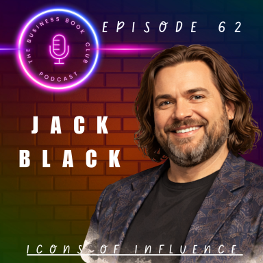 Jack Black smiling, featured in a podcast episode titled "Icons of Influence."