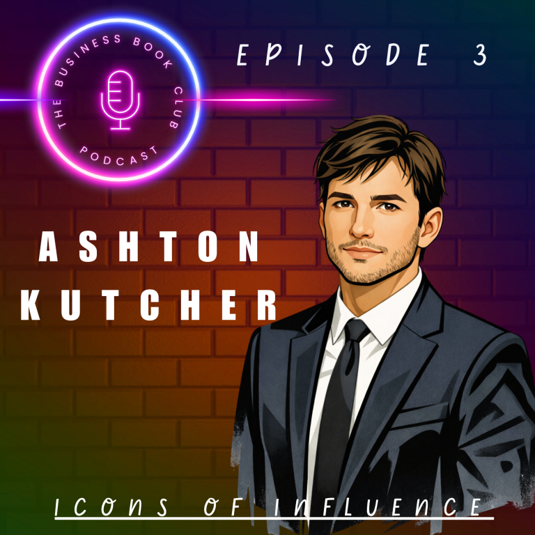Illustration of a man in a suit, titled "Ashton Kutcher" for a podcast episode.