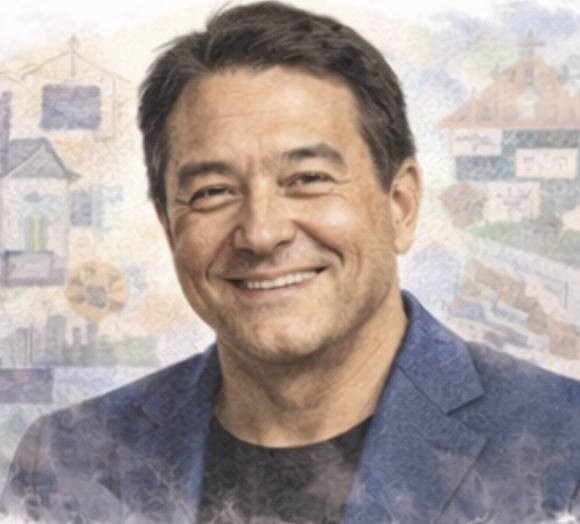 Smiling man wearing a blazer against a blurred background of abstract buildings.