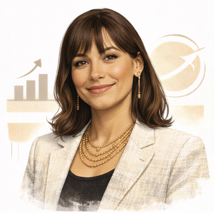 A woman with long, dark hair smiles against a light pink tiled background. Rashida Jones ai generated