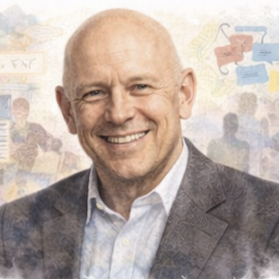 Smiling man in a suit, with a soft, artistic background depicting people and work items.