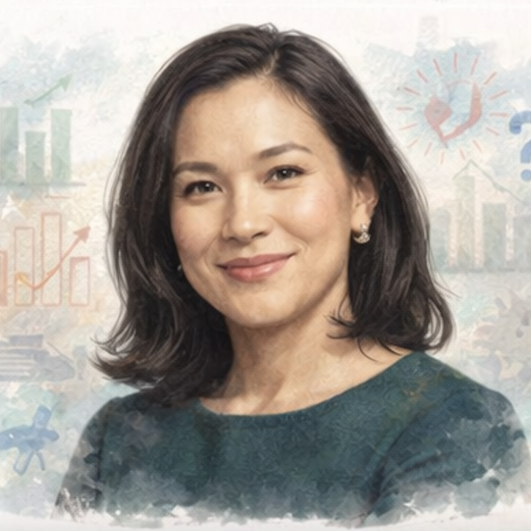 Smiling woman with dark hair, wearing a green top, set against a light, abstract background.