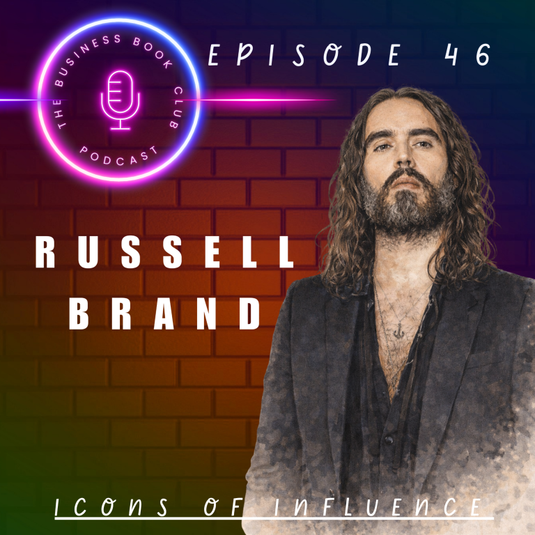 Promotion for podcast episode featuring Russell Brand, titled "Icons of Influence."