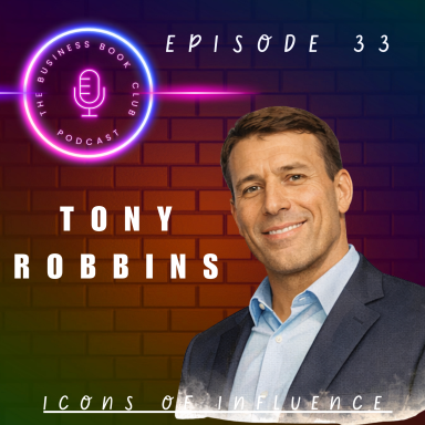Tony Robbins, motivational speaker, smiling in a professional setting with a podcast theme.